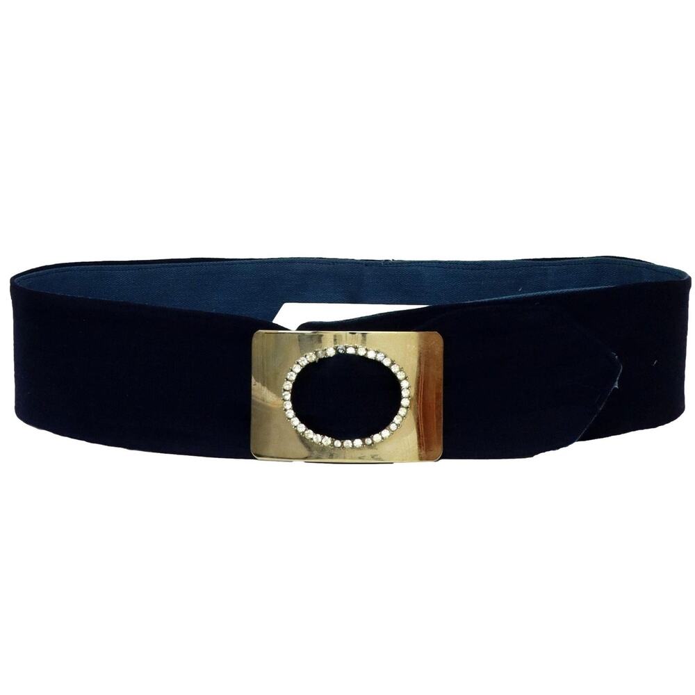 Vintage 80s Women's Medium Navy Fabric Belt Gold Rhinestone Buckle